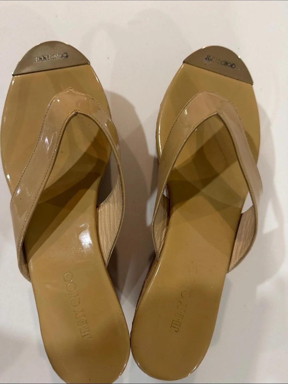 Jimmy Choo Nude Patent Cork Wedge Thongs